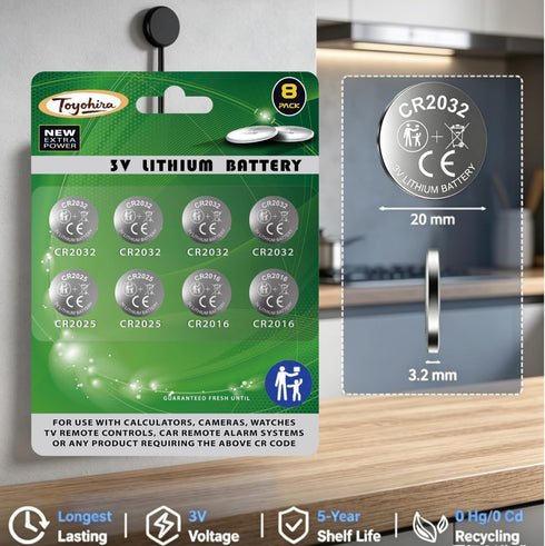 Toyohira CR2032 3v cr2025 cr2016 16 Pack (cr2032 8PCS, CR2025 4PCS, CR2016 4PCS), Lithium Coin Battery Assorted
