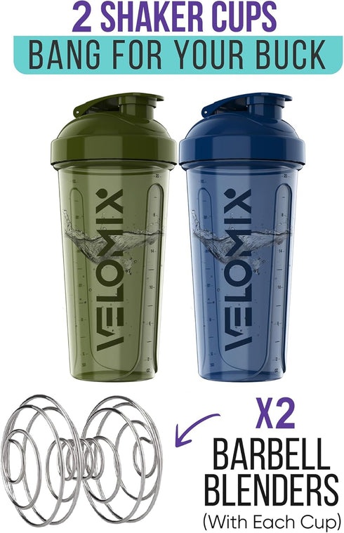 2 Pack 28 oz Protein Shaker Bottles for Protein Mixes - Leak Proof Shaker Cups - Green & Blue