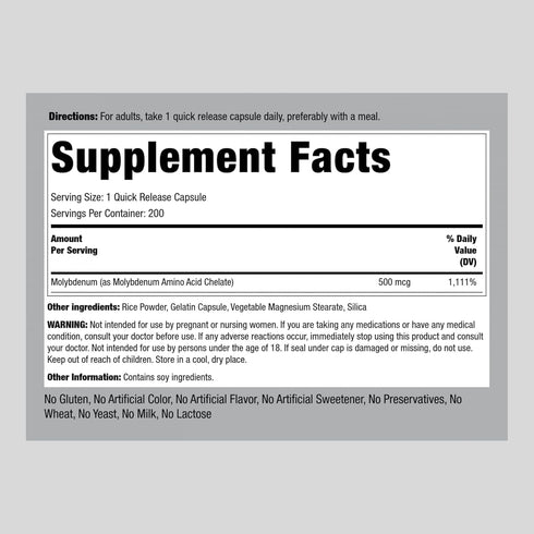 Piping Rock Molybdenum Supplement | 500 mcg | 200 Capsules | Chelated Molybdenum Amino Acid | Non-GMO, Gluten Free