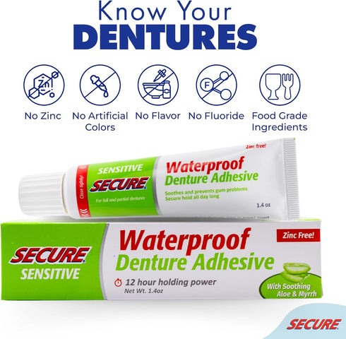 Secure Sensitive Denture Adhesive with Aloe Vera & Myrrh, 12-Hour Max Hold, 1.4 oz