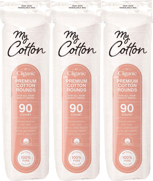 My Cotton Premium Rounds for Face (3 Pack), Makeup Remover Pads, Hypoallergenic, Lint-Free Cotton