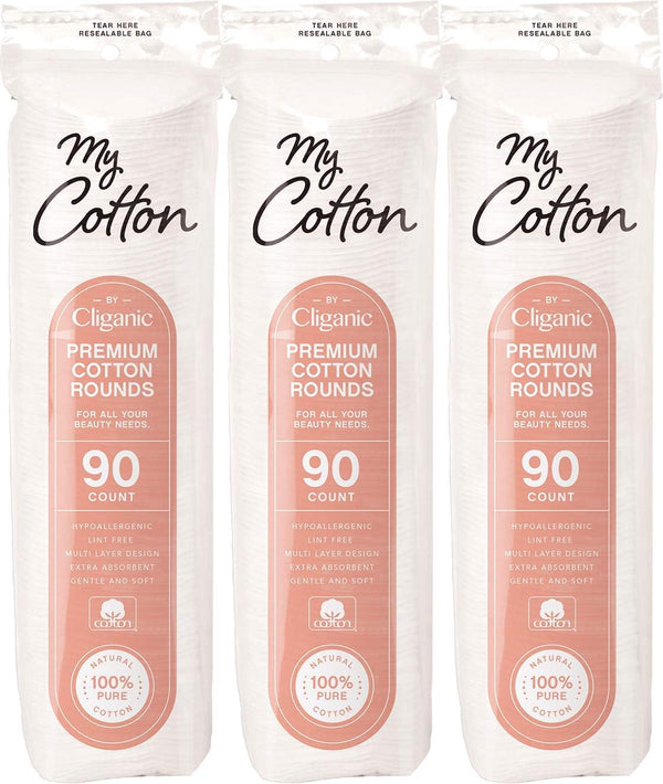 My Cotton Premium Rounds for Face (3 Pack), Makeup Remover Pads, Hypoallergenic, Lint-Free Cotton