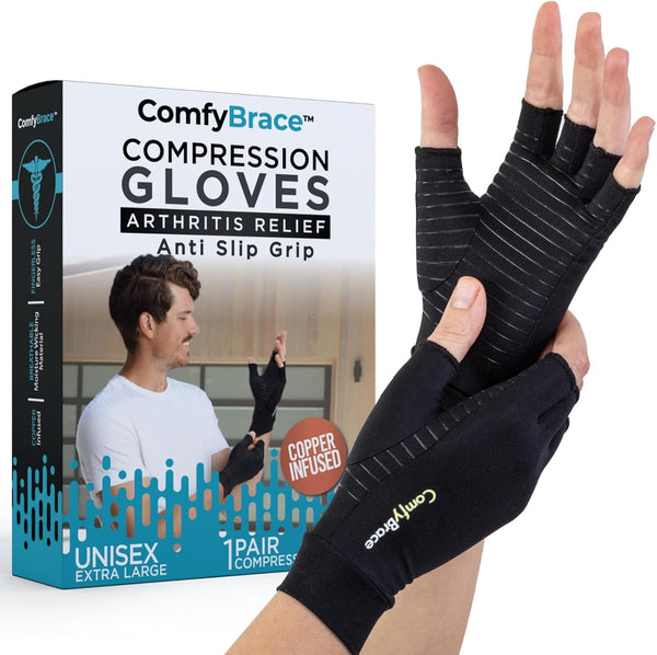 ComfyBrace Copper Infused Compression Gloves for Arthritis Relief, Fits Men & Women
