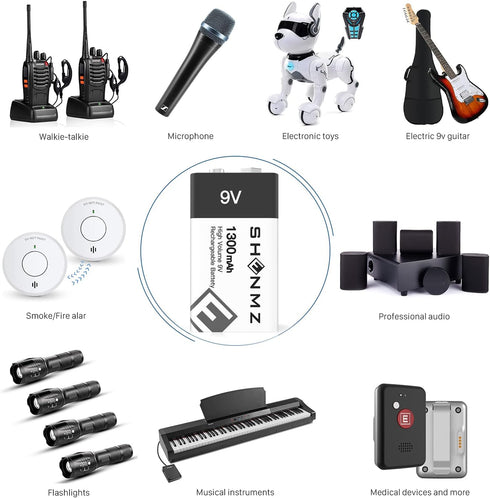 9V Rechargeable Batteries, 1300mAh High Capacity Lithium-ion, 2 in 1 USB C Fast Charging Cable