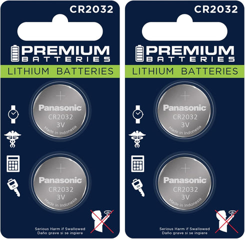 Panasonic CR2032 Lithium 3V Coin Cell Batteries, Premium Japanese Engineered, 4 Pack, High Capacity