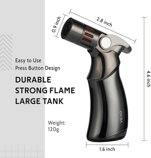 VEXO-Mini4 Torch Lighter - Quad 4 Jet Flame Windproof Butane Refill Portable Lighter for Grill BBQ Camping (Black)