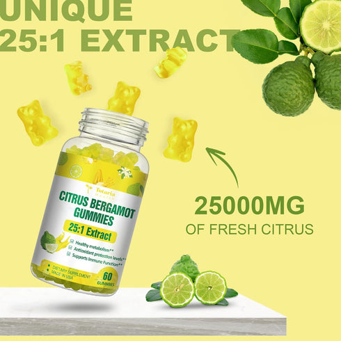 Citrus Bergamot Gummies for Healthy Cholesterol - All Natural 25:1 Extract from Italy, 60 Counts