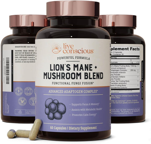 Live Conscious Lions Mane Mushroom Supplement - Brain Support with Lion's Mane, Cordyceps, Reishi, Turkey Tail