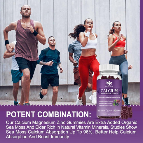 Calcium Magnesium Zinc Gummies with Vitamin D3, High Absorption Complex Supplement with Sea Moss & Elderberry, 60