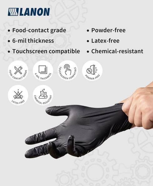 LANON Black Nitrile Disposable Gloves, 6-mil, Large, Food-Safe, Powder-Free, Heavy-Duty, Latex-Free, Textured Fingertips