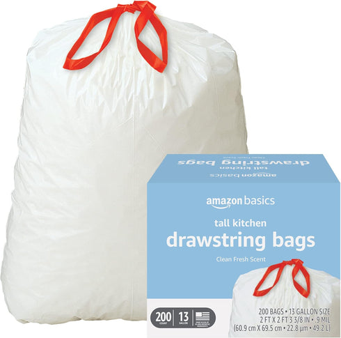 Amazon Basics Tall Kitchen Drawstring Trash Bags, Clean Fresh Scent, 13 Gallon, 200 Count, Pack of 1 by Amazon Basics