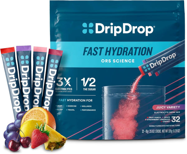 DripDrop Hydration Juicy Variety Pack - Electrolyte Drink Mix Single-Serve Packets, 32 Servings, Grape, Punch, Lemonade