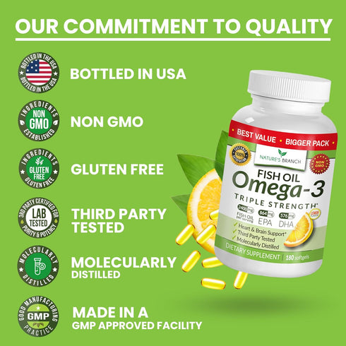Best Triple Strength Omega 3 Fish Oil Pills - 180 Capsules, 2400mg High Potency Burpless Lemon Flavor for Heart Health