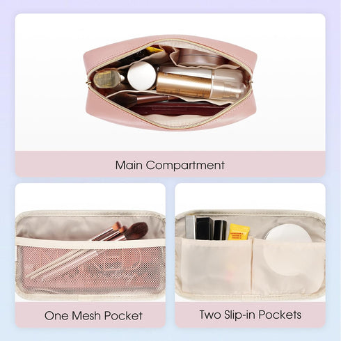 Wandering Nature Makeup Bag for Purse Cosmetic Bags for Women Make Up Organizer Travel Pouch with Slip-in Pockets Eco Vegan Leather, Pink
