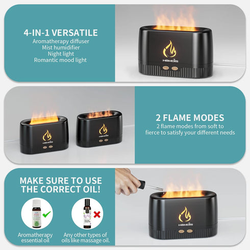 Quiet Flame Essential Oil Diffuser, Black | 7 Color Modes, Auto Shut Off, Humidifier for Aromatherapy