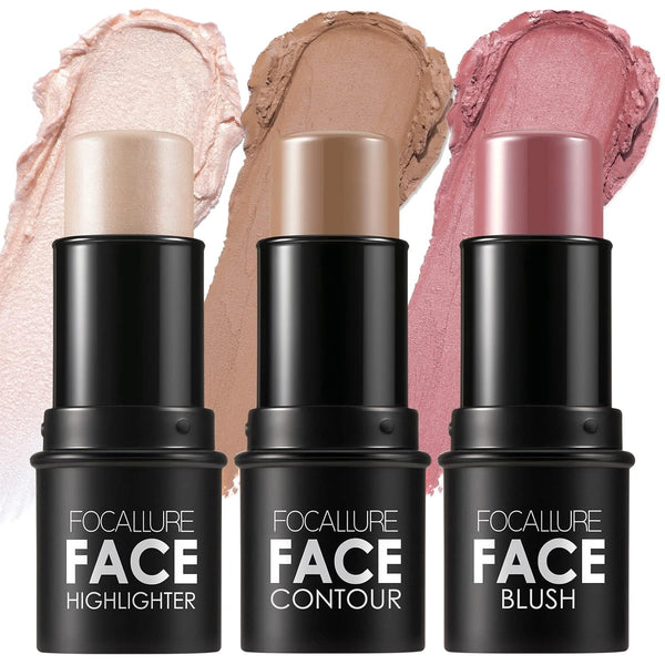 FOCALLURE 3 Pcs Cream Contour Sticks with Highlighter, Bronzer & Blush, Non-greasy Long-wear Face Makeup, LIGHT-MEDIUM