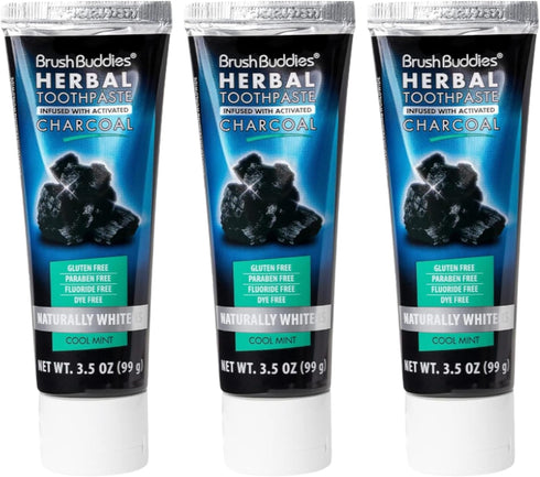 Brush Buddies Herbal Toothpaste with Activated Charcoal, 3.5 oz | Fluoride Free Whitening Charcoal Toothpaste (Pack of