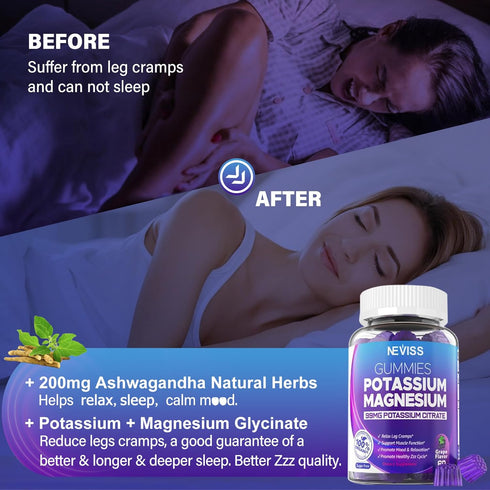 Potassium Magnesium Gummies - Potassium Supplement w/Ashwagandha 200mg, High Absorption Magnesium Glycinate, B6, B12,