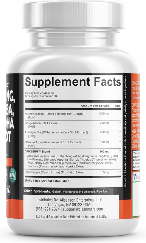 Clean Nutraceuticals Panax Ginseng 10000mg, Ginkgo Biloba 4000mg, Ashwagandha, Maca Root 3000mg - Focus Supplement