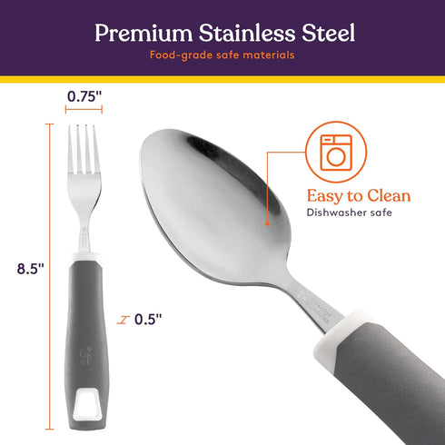 Special Supplies Adaptive Utensils 5-Piece Set Non-Weighted, Non-Slip Handles for Hand Tremors, Arthritis, Parkinson’s or Elderly Use - Stainless Steel Knife, Rocker Knife, Fork, Spoons (Grey)