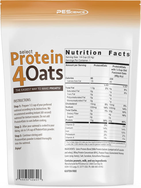 PEScience Select Protein4Oats, Peanut Butter and Honey - 12 Servings, Whey and Casein Blend for Oats and Oatmeal