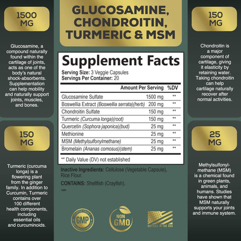 Glucosamine Chondroitin Supplements MSM Complex - Antioxidant & Joint Support with Turmeric, Boswellia, Quercetin - For Occasional Discomfort of Joints, Back, Hands, Knees & Mobility - 60 Capsules