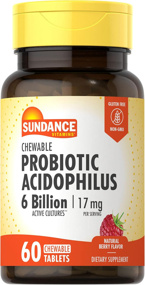 Sundance Probiotic Acidophilus 17mg | 6 Billion Active Cultures | 60 Chewable Tablets | Vegetarian, Berry Flavor