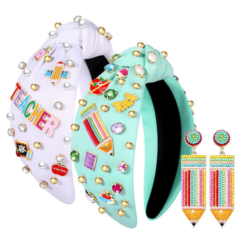 Teacher Headbands for Women, Pencil Printed Wide Knotted Headbands, Back To School Gifts (Pattern E)