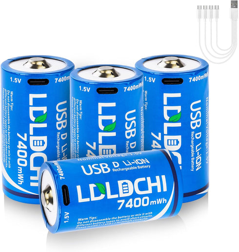 LDLDCHI Rechargeable Lithium D Batteries with 4-in-1 Charge Cable, 4 Pack 7400mWh 1.5V