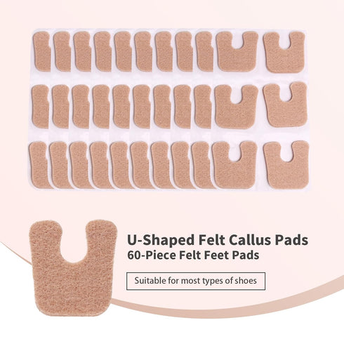 MoyRetty 60pcs U-Shaped Felt Callus Pads, Metatarsal Pads Self-Stick Cushions Protect Calluses from Rubbing on Shoes