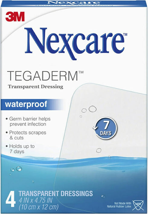 Nexcare Tegaderm Waterproof Transparent Dressing, 4 x 4.75 in, 4 Count - Dirtproof and Germproof