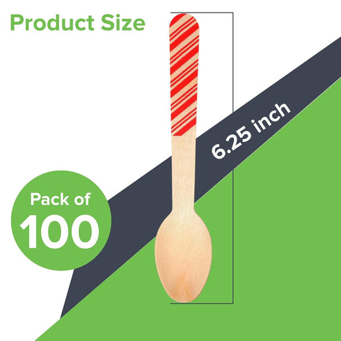 Red And Green Striped Candy Cane Christmas Wooden Spoons. Pack of 100 Count. 6.25 Inches Wooden Eco-Friendly Spoons.