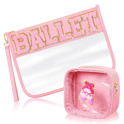Hillban 2 Pcs Ballet Gifts Chenille Letter Bags, Preppy Patch Makeup Bag, Waterproof Travel Cosmetic Pouch for Women
