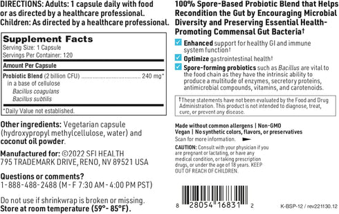 Klaire Labs Biospora Probiotic - 2 Billion CFU Bacillus Coagulans & Subtilis for Digestive & Immune Support - 120