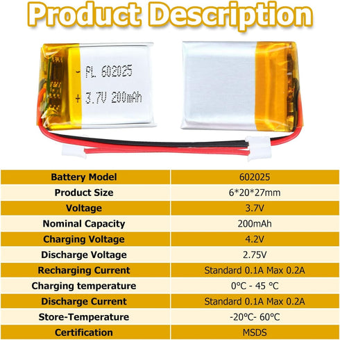 3.7V 200mAh 602025 Lipo Battery Pack, Rechargeable Lithium Polymer with PH2.0mm JST Connector
