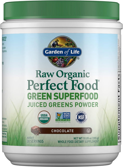 Garden of Life Raw Organic Perfect Food Green Superfood Powder - Chocolate, 30 Servings, 10.05 oz - Non-GMO, Vegan