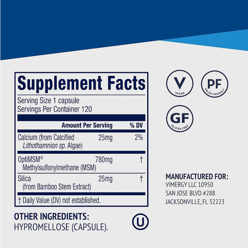 Vimergy MSM with Silica + Calcium Capsules - 120 Servings, Supports Bone Health, Vegan & Paleo Friendly
