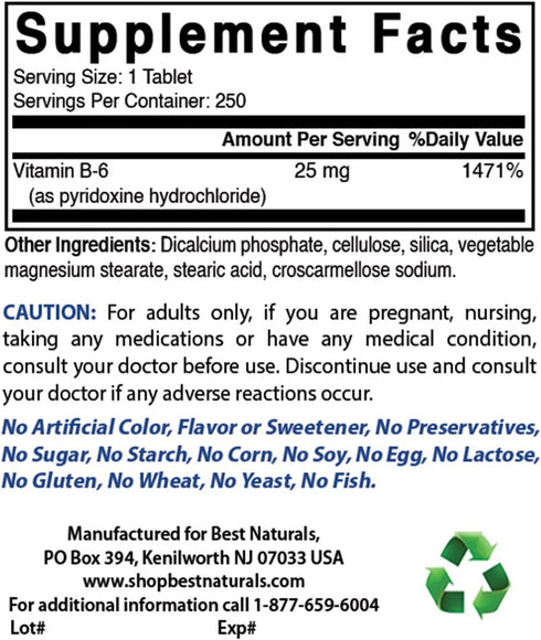 Best Naturals Vitamin B6 25mg 250 tablets (250 Count (Pack of 2))