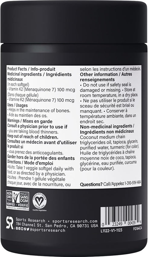 Sports Research Vitamin K2 as MK-7, 100mcg, 60 Veggie Softgels, Vegan Certified, Non-GMO
