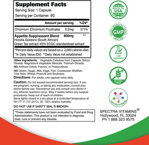 Appetite Suppressant, 60 Capsules | S. African Hoodia and Green Tea Extract for Appetite Control & Weight Loss