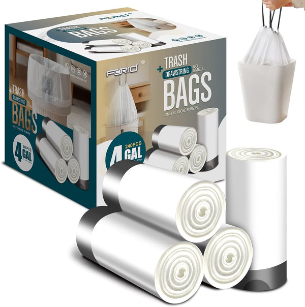 FORID Small Drawstring Trash Bags, 4 Gallon, 240 Counts, White Plastic Garbage Bags for Bathroom, Office