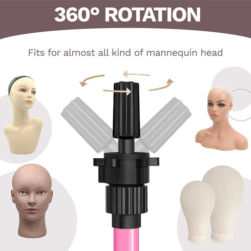 Wig Stand Tripod, 55 Inch Metal Mannequin Head Tripod Stand for Hairdressing Training (Pink, Head Not Included)