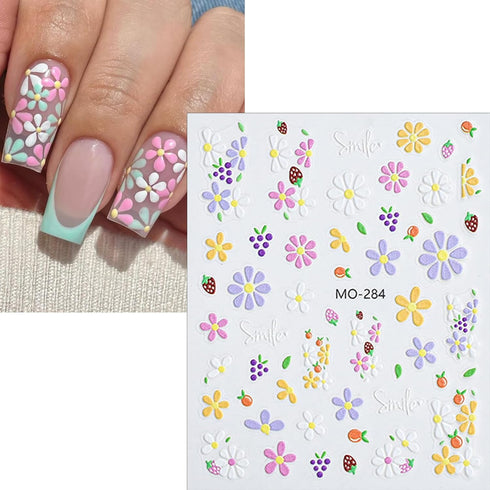 Flower Nail Art Stickers, 5D Embossed Self-Adhesive Decals, Spring Daisy Nail Design for Women Girls DIY Decoration