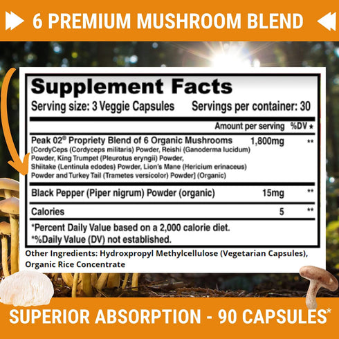 FRESH HEALTHCARE Mushroom Supplement, Lions Mane, Cordyceps, Reishi, Turkey Tail, 90 Vegan Capsules