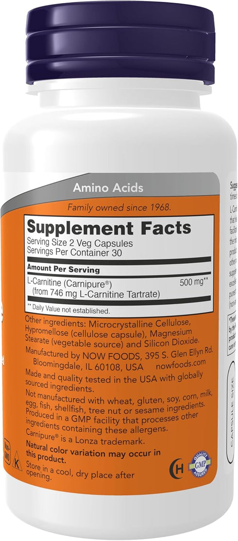NOW Foods Supplements, L-Carnitine 250 mg, Purest Form, Amino Acid, Fitness Support*, 60 Veg Capsules