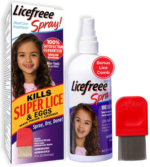 Licefreee Spray Family Size Lice Treatment, 12 oz, Easy Use Lice Spray Kills Head Lice, Includes Metal Comb