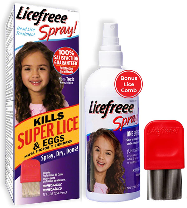 Licefreee Spray Family Size Lice Treatment, 12 oz, Easy Use Lice Spray Kills Head Lice, Includes Metal Comb