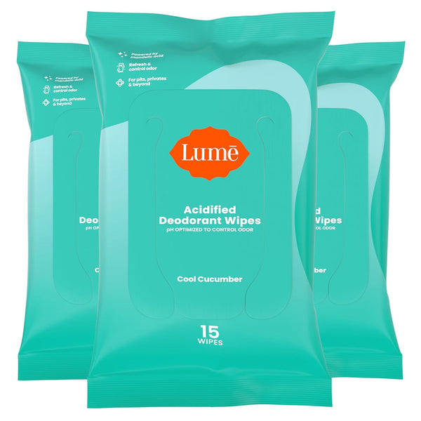 Lume Acidified Deodorant Wipes - 24 Hour Odor Control, Aluminum Free, Skin Loving - 15 Count (Pack of 3)