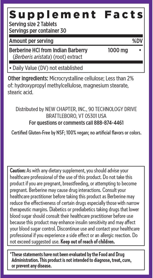 New Chapter Berberine Supplement, 1000 mg, 30x Concentrated Extract for Metabolic and Heart Health, 60 Count