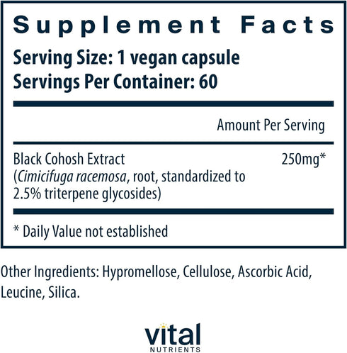 Vital Nutrients Black Cohosh Extract 250mg, Vegan Supplement for Women’s Menopause, 60 Capsules